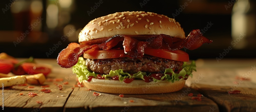 Poster burger with bacon beef tomato and lettuce on a wooden surface close up. copy space image. place for 