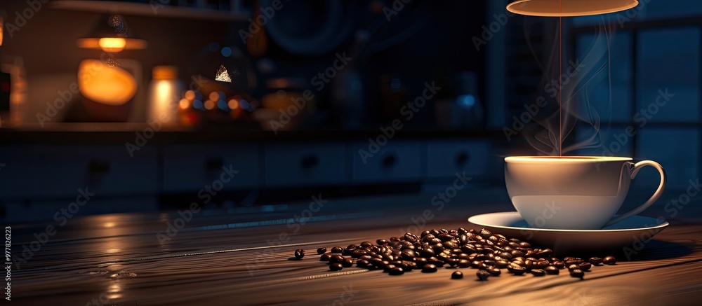 Canvas Prints Coffee cup and coffee beans on a dark table. Copy space image. Place for adding text and design