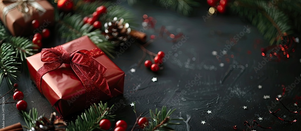 Poster image of accessories for wrapping christmas gifts. copy space image. place for adding text and desig