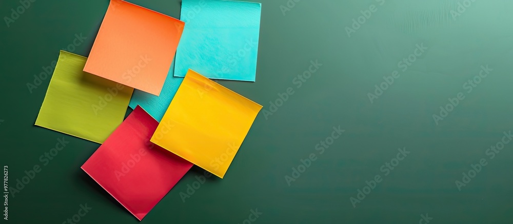 Poster four colorful sticky notes on a green background space for text stationery template copy space stick
