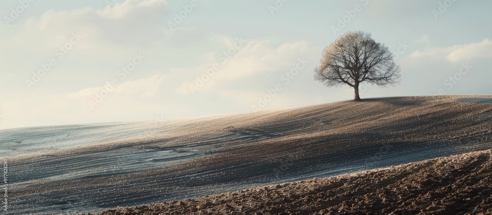 Poster a solitary tree in the gentle winter light stands in a plowed field with patches of uncultivated lan