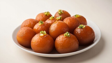 A plate of traditional milk-based gulab jamun, isolated on a light beige background with soft shadows for a refined look