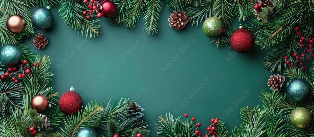 Poster christmas backdrop featuring fir tree branches adorned with colorful balls and garland copy space