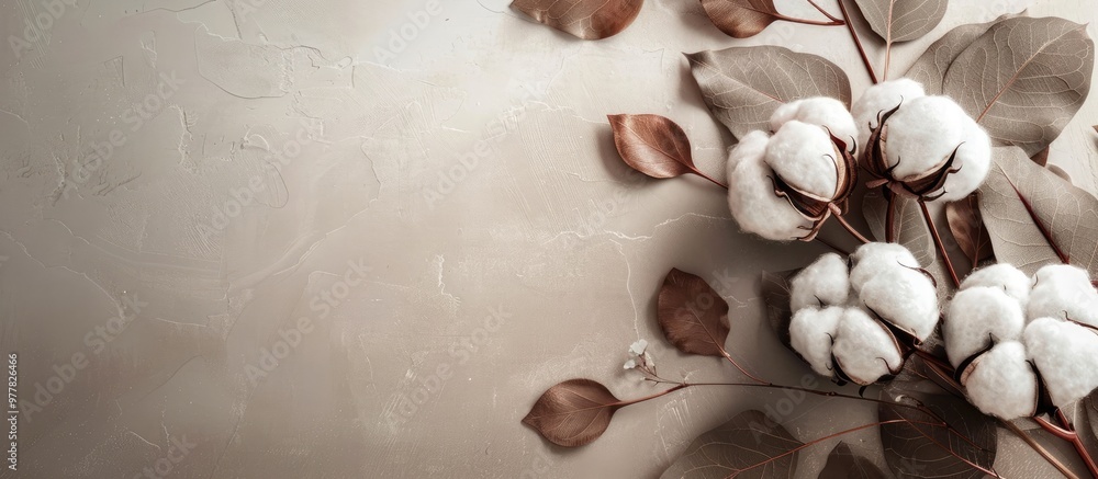 Poster natural cotton on the table accompanied by leaves background for your advertising item. copy space i