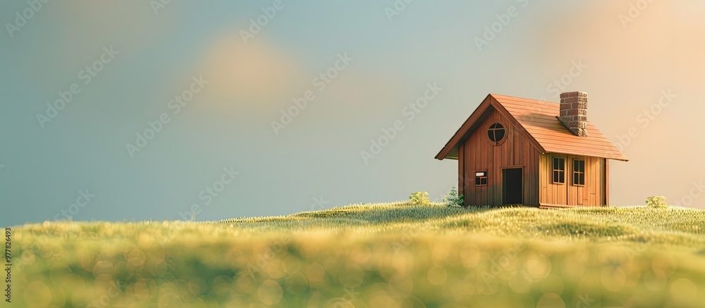 Poster environmental concept a wooden house sits on a white green backdrop. copy space image. place for add
