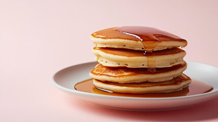 A plate of traditional milk-based ricotta pancakes with syrup, isolated on a pale pink background for a soft, inviting look