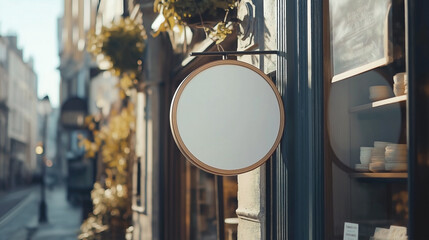 Coffee shop street blank circular signboard mockup for logo design and brand presentation ,Mock up