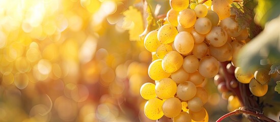 A cluster of ripe yellow grapes on the vine An outdoor rural setting Concept of the harvest season Close up shot with copy space