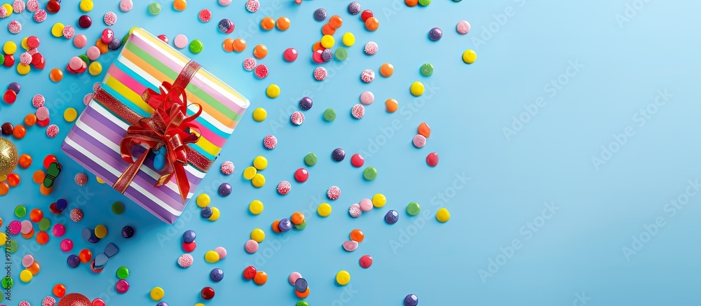 Poster rainbow gift box and candy confetti on a blue backdrop flat lay top view. copy space image. place fo