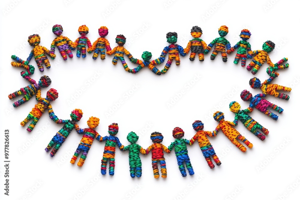 Poster heart shaped circle of multicolored figurines holding hands representing diversity unity and the pow