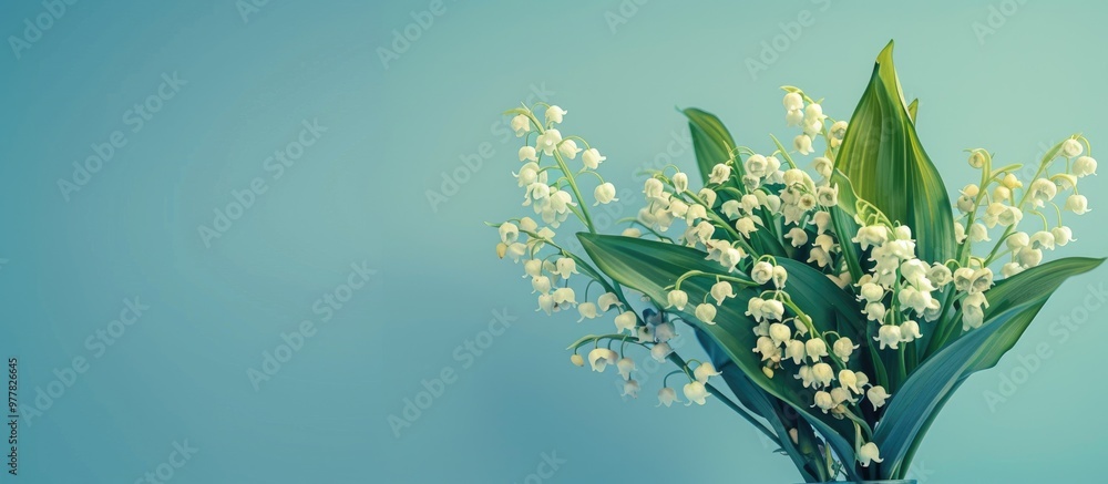Poster bouquet of lilies of the valley set against a blue gradient backdrop. copy space image. place for ad