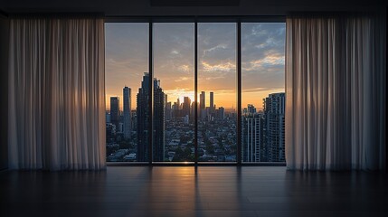 Fototapeta premium A modern interior with large windows showcasing a city skyline at sunset.