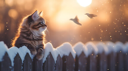 A fluffy kitten perched on a snow-covered fence carefully watching birds as they fly by with a soft winter sunset glowing in the background.