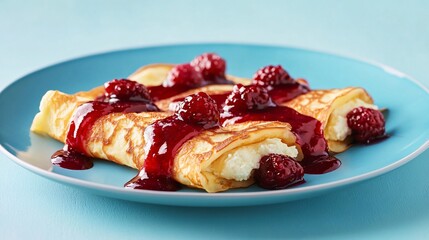 A serving of cream cheese-filled crepes with berry sauce, isolated on a soft pastel blue background for a fresh and delicate look