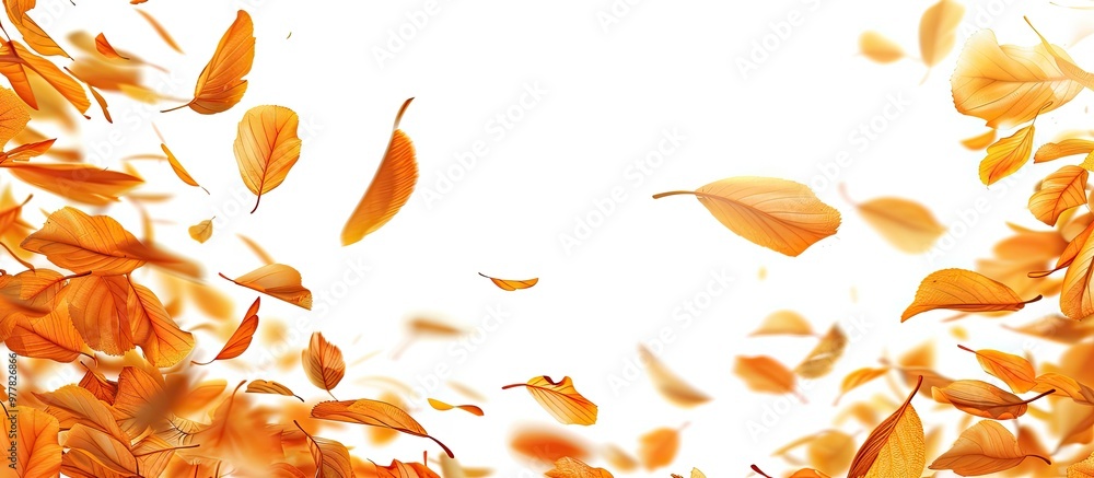 Poster autumn orange leaves falling isolated against a white background. copy space image. place for adding