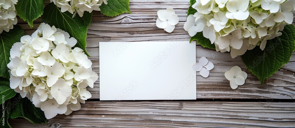 Poster white hydrangea flower with a white board on a wooden background mockup. copy space image. place for