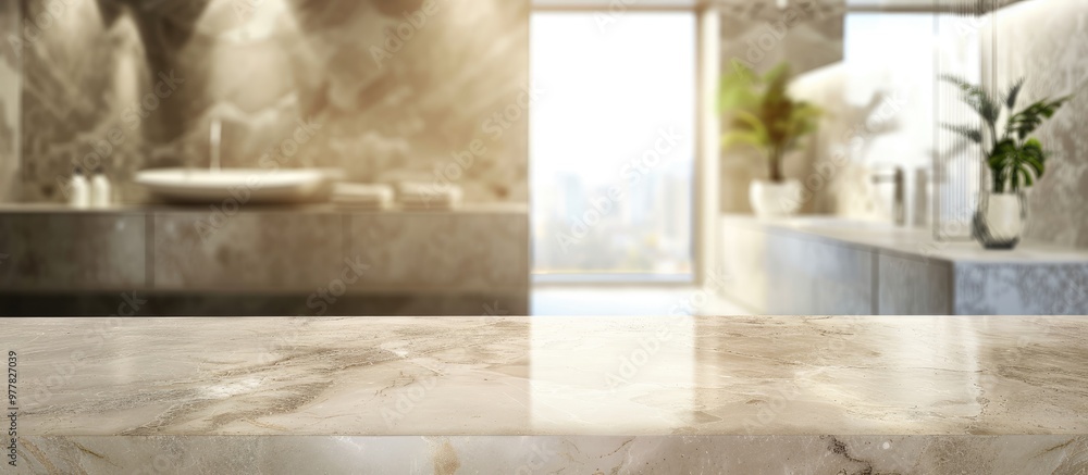 Poster empty marble top table with a blurred bathroom interior background for product display montage. copy