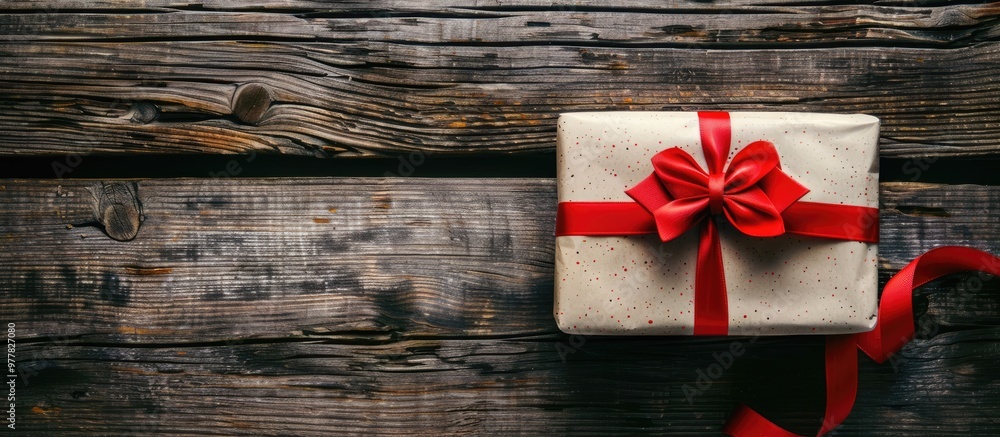 Aufkleber gift box featuring a red bow ribbon and a paper heart on a wooden table for. copy space image. place
