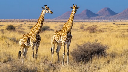 Fototapeta premium Giraffes roam freely in the vast Kalahari Desert of Namibia. They graze in the open savanna, their natural habitat. This breathtaking scene captures the beauty of Africa's wildlife and wilderness.