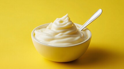 A serving of milk-based custard with a spoon, isolated on a warm yellow background to emphasize the creamy texture of the dessert