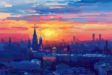 Obraz premium Vivid artistic illustration of Moscow, Russia at sunset