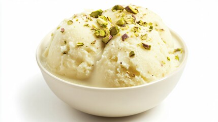A serving of milk-based kulfi with pistachios, isolated on a clean white background to emphasize the vibrant colors of the dessert