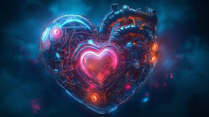 Futuristic illustration of a robot heart in cyberpunk style, symbolizing love and feelings