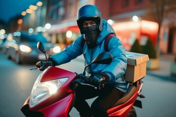 A delivery rider dressed in a helmet and mask is actively riding a scooter through city streets at night, adorned with glowing lights and blurred traffic