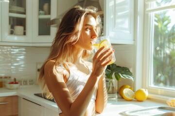 Woman holding a glass of lemon water in white kitchen, morning hydration, healthy routine.