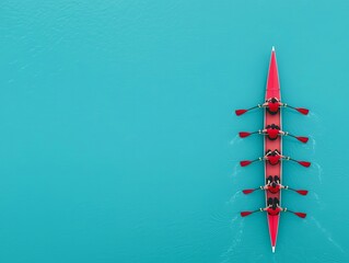 A rowing team synchronizing their strokes on a river, perfect harmony with nature, teamwork, sports, coordination