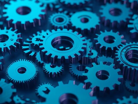 Animated cogs in a digital space, constantly moving in perfect harmony, futuristic vibe, teamwork, mechanics, coordination