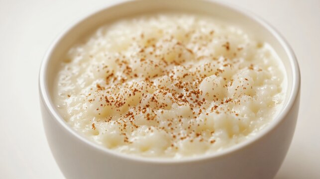 A serving of milk-based tapioca pudding, isolated on a soft cream background to emphasize the texture and richness of the dish