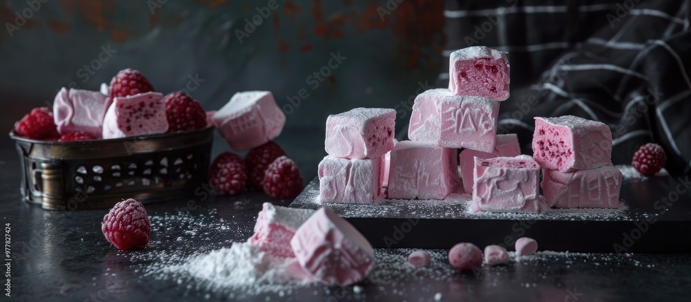 Poster delicate berry marshmallows zephyr placed in front of a box of treats on a dark table. copy space im