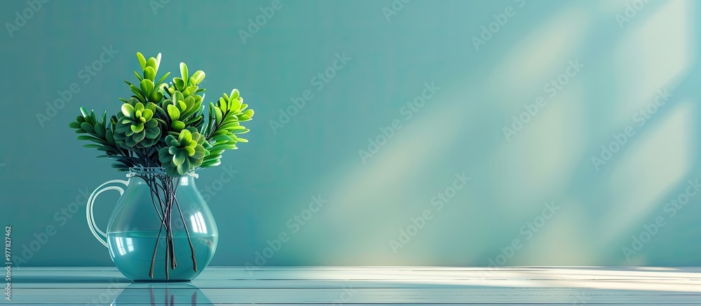 Poster a jug containing a small green plant set against a blue background. copy space image. place for addi