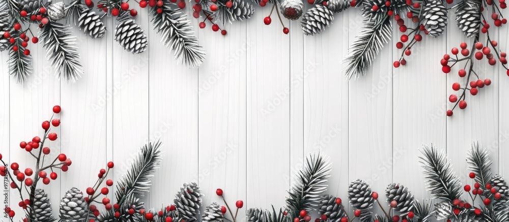 Poster spruce branches cones and red berries set against a white wooden backdrop a background for christmas
