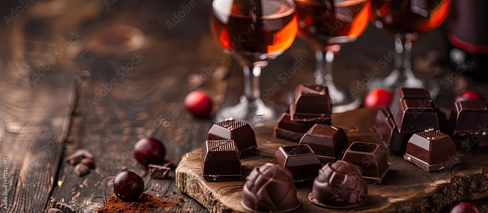 Poster luxury liqueur chocolates set against a rustic backdrop with ample copy space ideal for your valenti