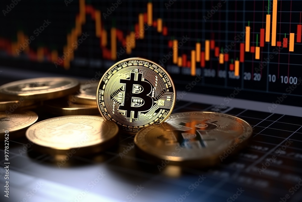Aufkleber cryptocurrency coins are prominently featured in the foreground, while dynamic market graphs display