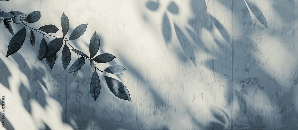 Poster blurred shadow of a tree leaf on a gray wall background. copy space image. place for adding text and