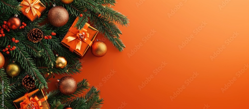 Poster christmas tree branches decorated with ornaments and gift boxes set against an orange background. co