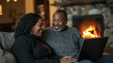 Warm Conversation by the Fireplace: Middle-Aged Couple's Video Call with Children