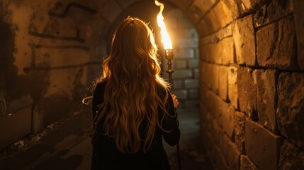 A woman holding a torch in a dark tunnel
