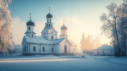 Obraz premium A serene winter scene featuring a church surrounded by snow and trees.