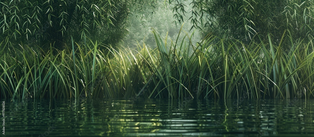 Aufkleber green reeds reeds at the water s edge near the woods. copy space image. place for adding text and de