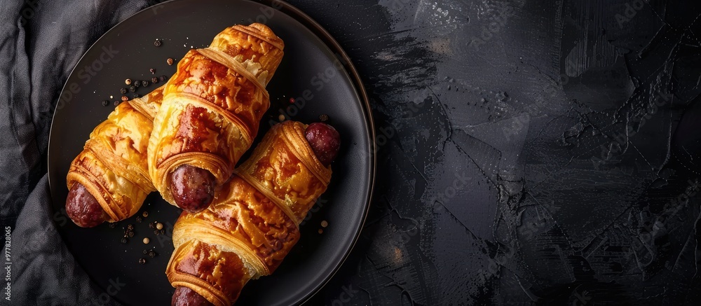 Poster pigs in a blanket wrapped in puff pastry with sausage black backdrop top view. copy space image. pla