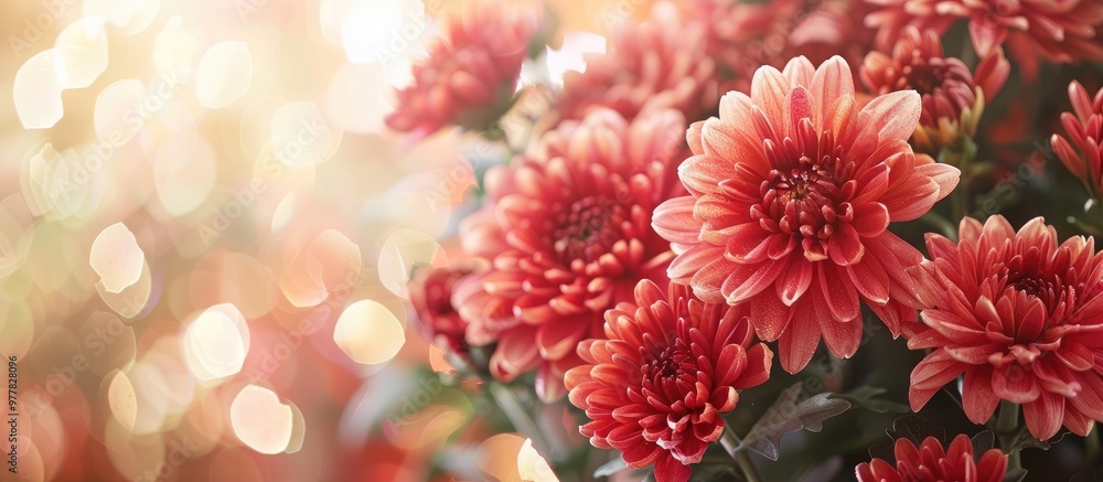 Poster red chrysanthemums bouquet in flower shop as backdrop. copy space image. place for adding text and d