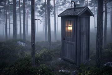 An image of an enchanted woodland cabin nestled among tall trees, a warm glow emanating from its windows, inviting cozy retreat and natural harmon