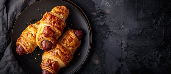 Pigs in a Blanket wrapped in puff pastry with sausage Black backdrop Top view. Copy space image. Place for adding text and design