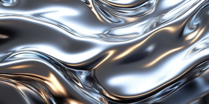 Close up texture of liquid shiny metal in silver gray color with highlights and shimmers. Liquid metallic texture, backdrop for web promotion.