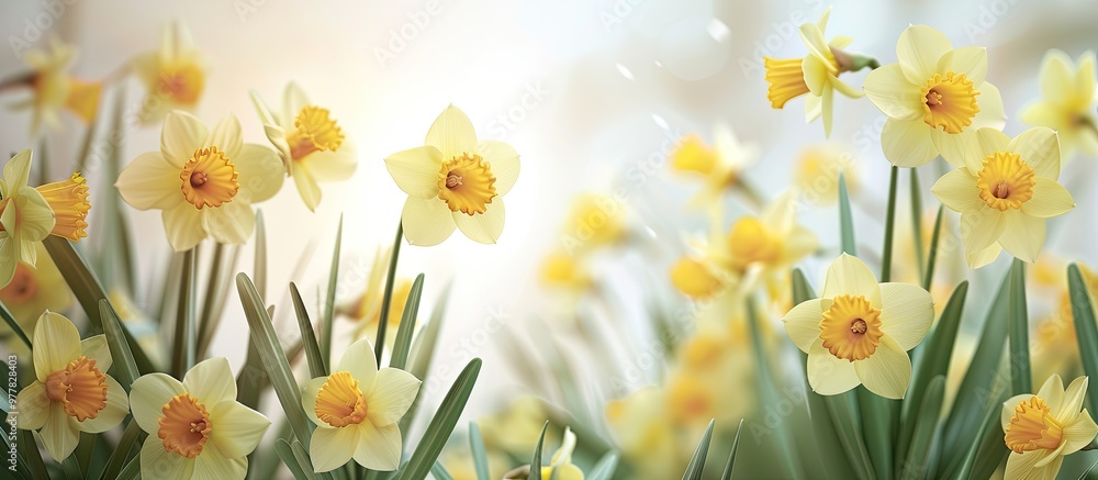 Aufkleber beautiful background of yellow narcissus or daffodil flowers. copy space image. place for adding tex