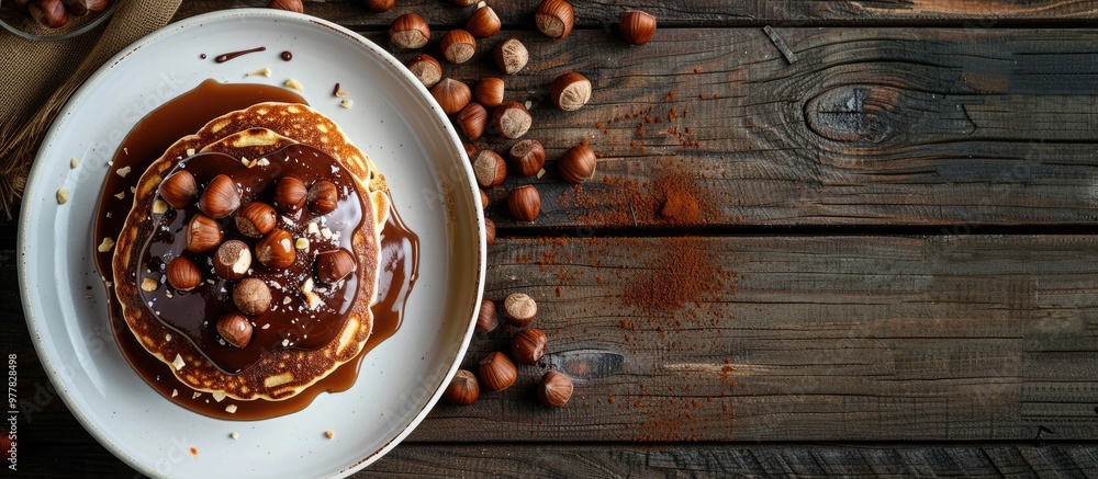 Poster pancakes topped with chocolate spread and hazelnuts served on a white plate on a wooden background. 